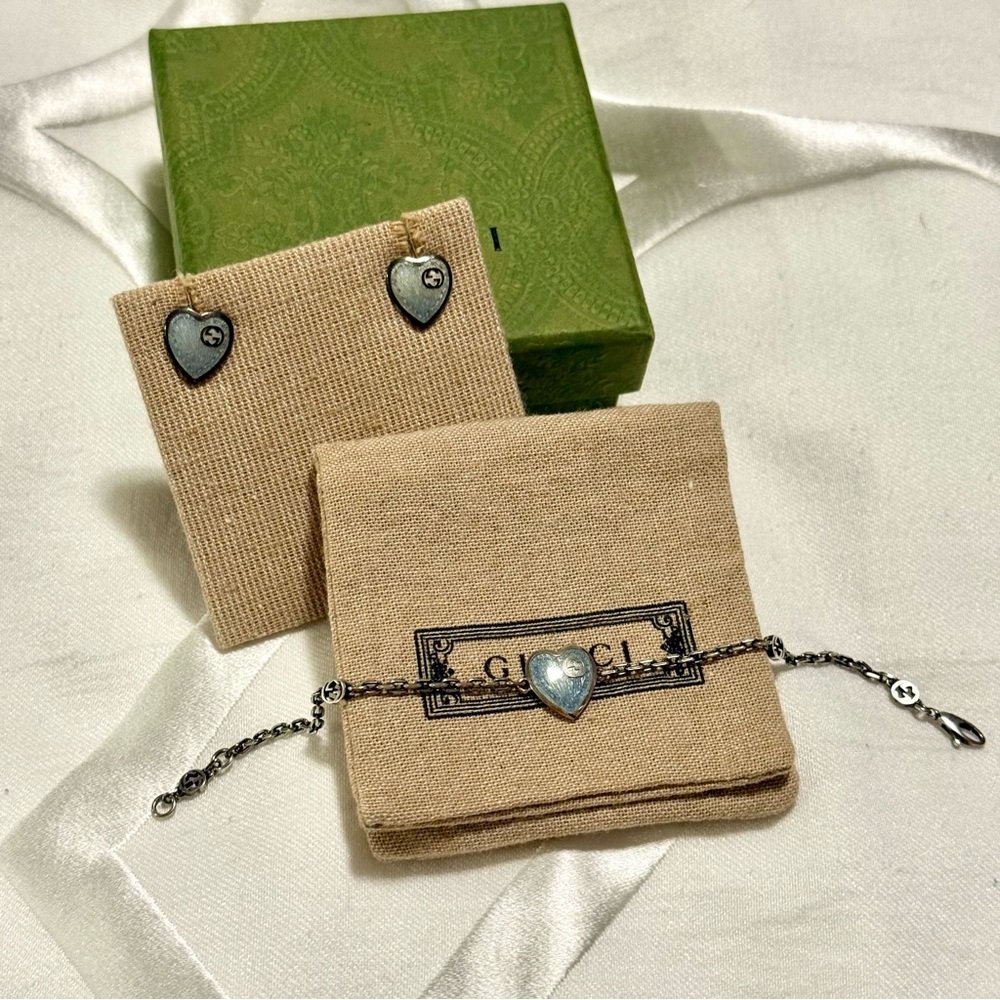 Set of 2. Gucci Silver Heart Bracelet & Stud Earring Set